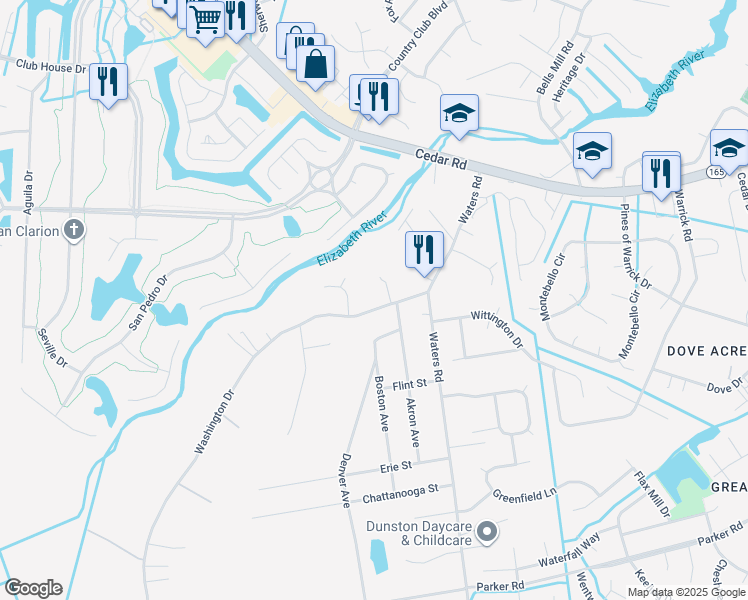 map of restaurants, bars, coffee shops, grocery stores, and more near 622 Washington Drive in Chesapeake