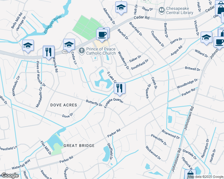 map of restaurants, bars, coffee shops, grocery stores, and more near 620 South Lake Circle in Chesapeake