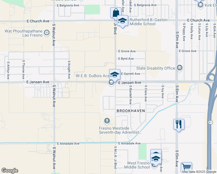 map of restaurants, bars, coffee shops, grocery stores, and more near 2604 South Martin Luther King Junior Boulevard in Fresno