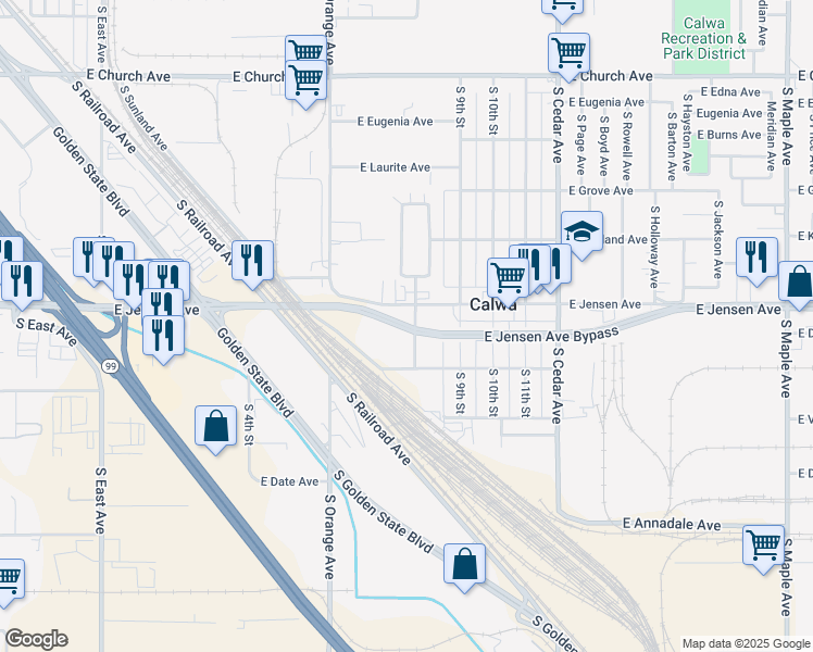 map of restaurants, bars, coffee shops, grocery stores, and more near East Jensen Ave Bypass in Fresno