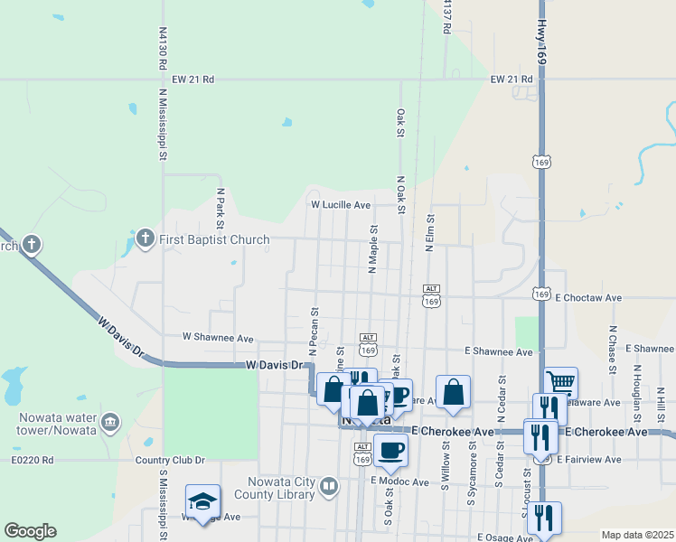 map of restaurants, bars, coffee shops, grocery stores, and more near 422 North Pecan Street in Nowata