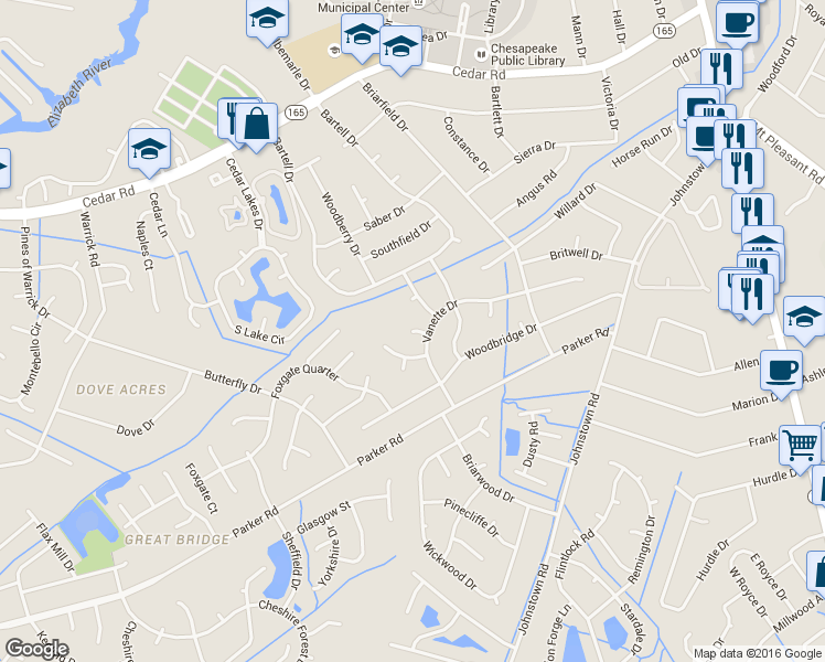 map of restaurants, bars, coffee shops, grocery stores, and more near 570 Thorn Rose Court in Chesapeake