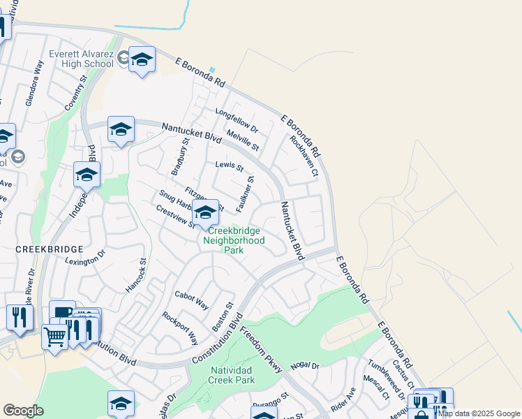 map of restaurants, bars, coffee shops, grocery stores, and more near 1852 Declaration Street in Salinas