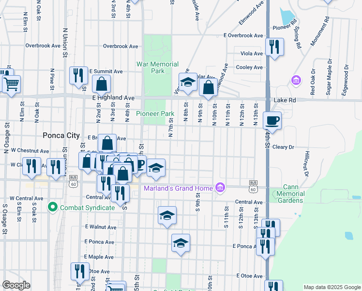 map of restaurants, bars, coffee shops, grocery stores, and more near 321 North 7th Street in Ponca City