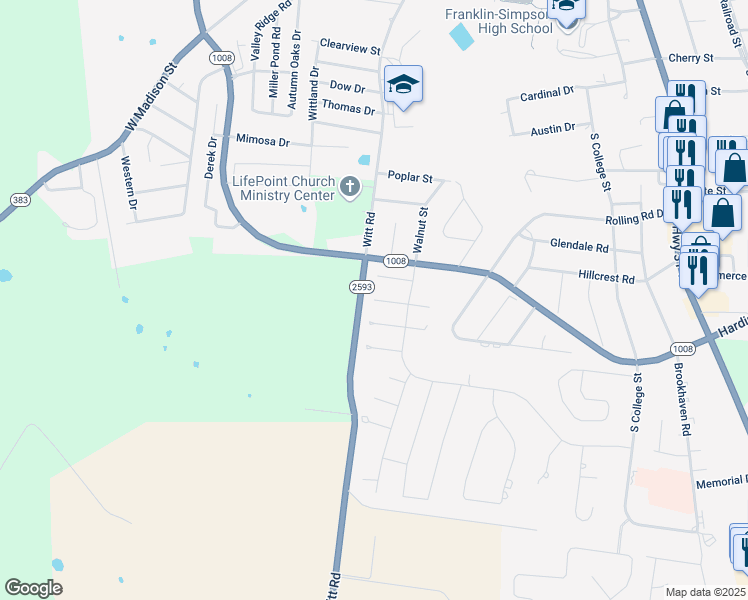 map of restaurants, bars, coffee shops, grocery stores, and more near Westborough Court in Franklin