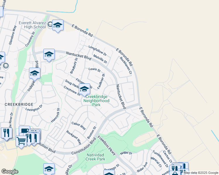 map of restaurants, bars, coffee shops, grocery stores, and more near 1852 Declaration Street in Salinas