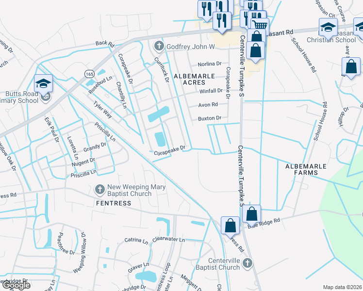 map of restaurants, bars, coffee shops, grocery stores, and more near 548 Currituck Drive in Chesapeake