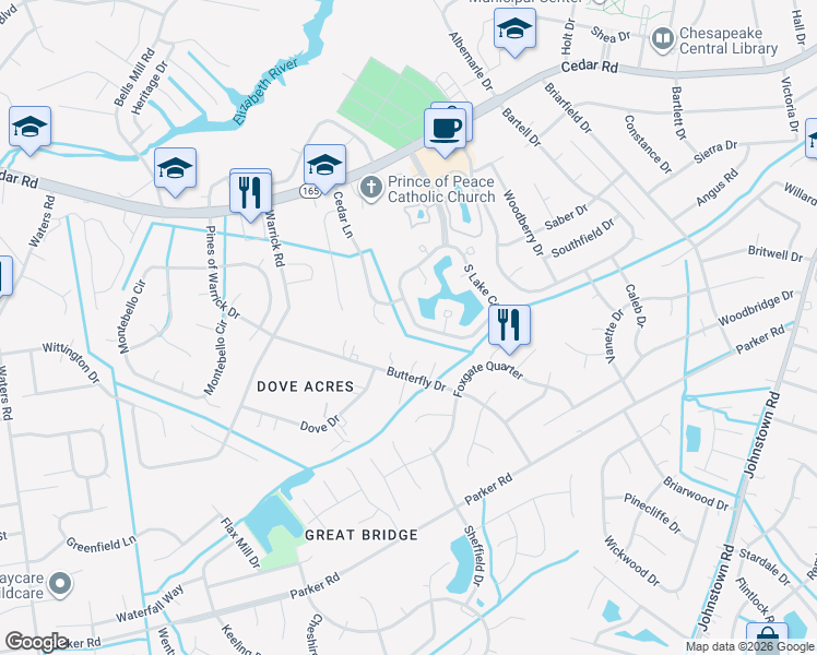 map of restaurants, bars, coffee shops, grocery stores, and more near 751 South Lake Circle in Chesapeake