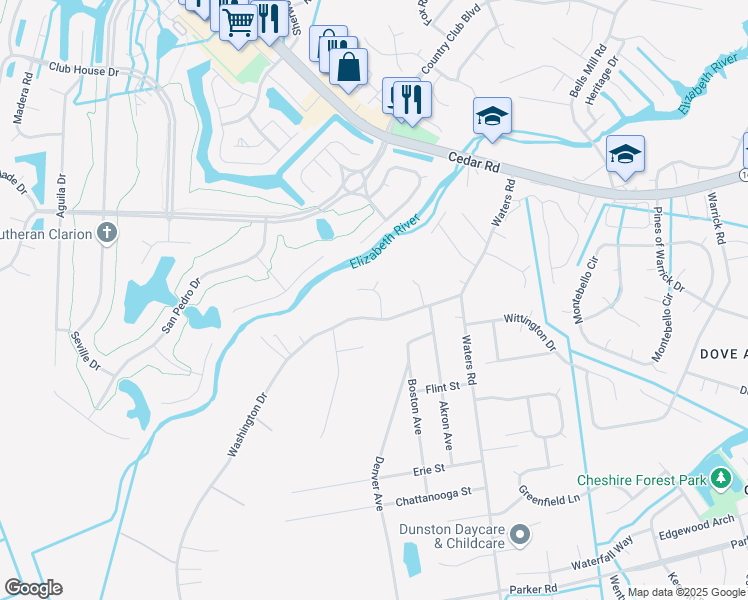 map of restaurants, bars, coffee shops, grocery stores, and more near 517 Bells Hollow Court in Chesapeake