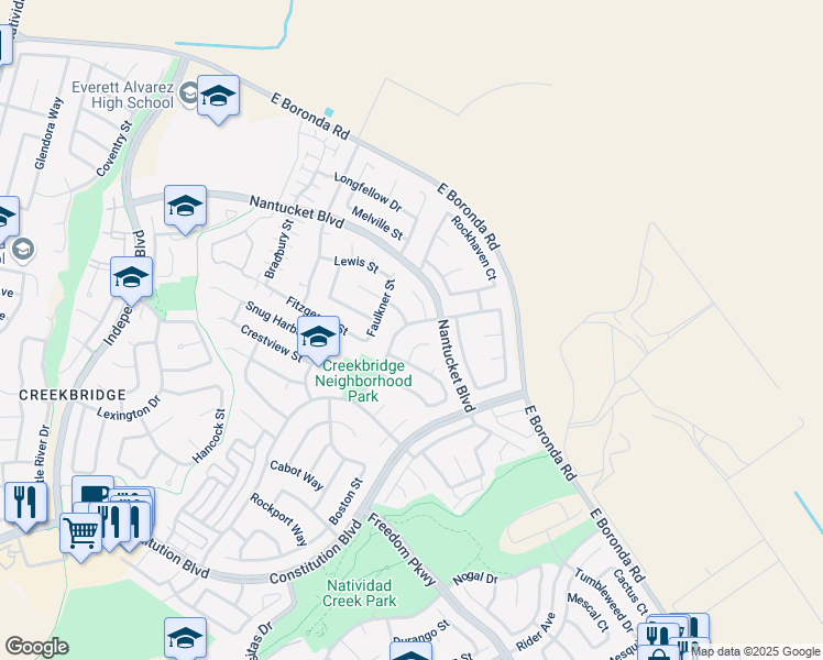 map of restaurants, bars, coffee shops, grocery stores, and more near 1852 Declaration Street in Salinas