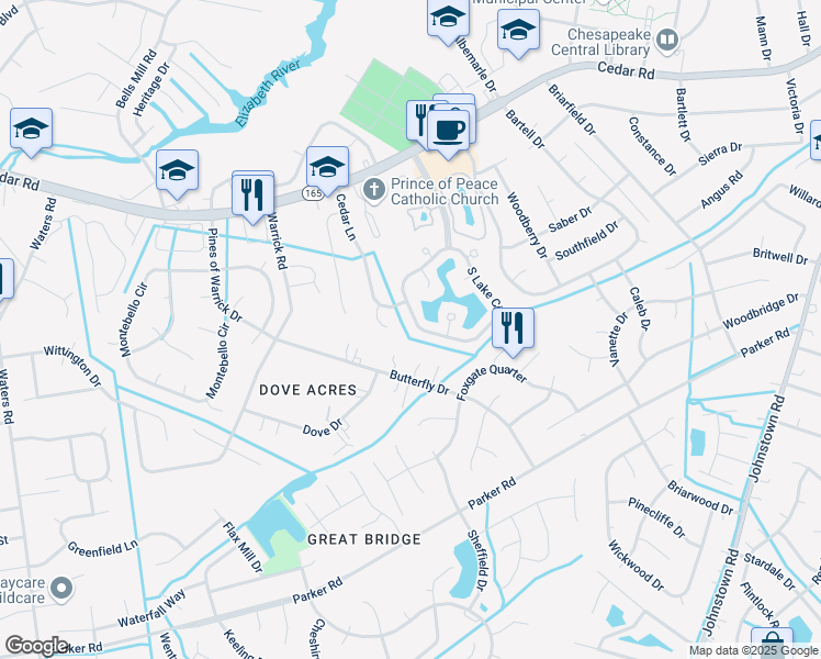 map of restaurants, bars, coffee shops, grocery stores, and more near 751 South Lake Circle in Chesapeake