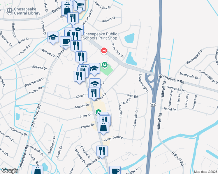 map of restaurants, bars, coffee shops, grocery stores, and more near 120 Ashley Road in Chesapeake