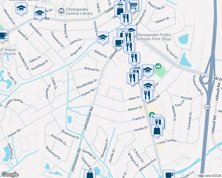 map of restaurants, bars, coffee shops, grocery stores, and more near 237 Fresno Drive in Chesapeake