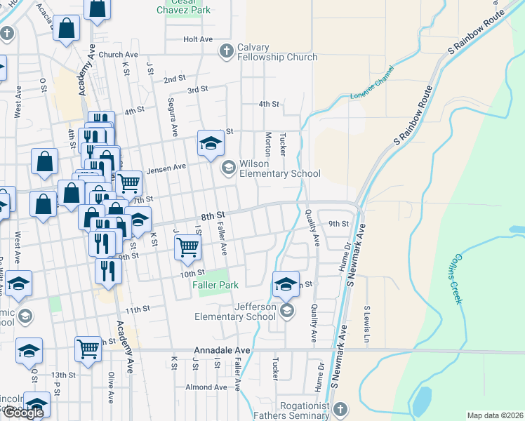 map of restaurants, bars, coffee shops, grocery stores, and more near 812 Morton Avenue in Sanger