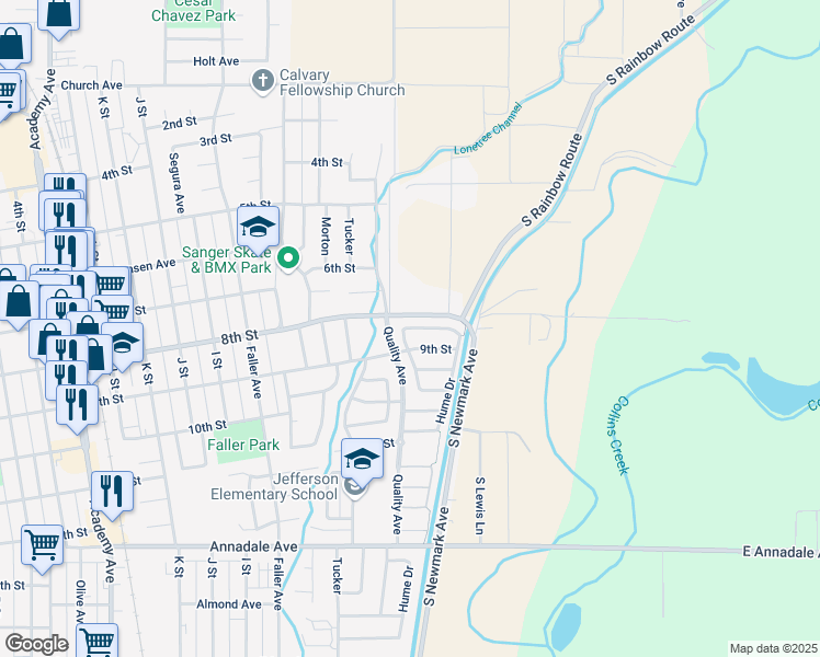 map of restaurants, bars, coffee shops, grocery stores, and more near 580 Elizabeth Avenue in Sanger
