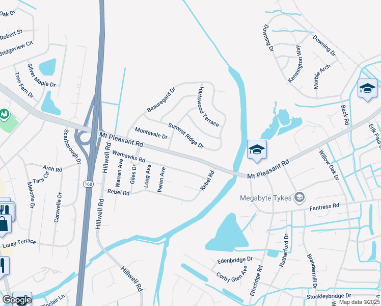 map of restaurants, bars, coffee shops, grocery stores, and more near 561 Mount Pleasant Road in Chesapeake