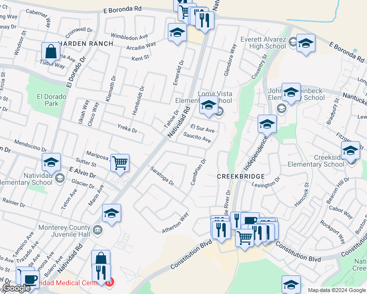 map of restaurants, bars, coffee shops, grocery stores, and more near 734 Los Coches Avenue in Salinas
