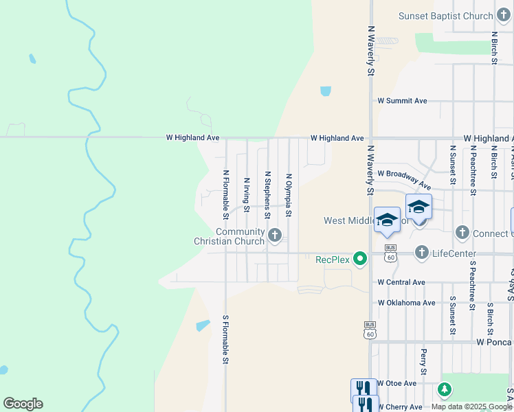 map of restaurants, bars, coffee shops, grocery stores, and more near 304 North Stephens Street in Ponca City