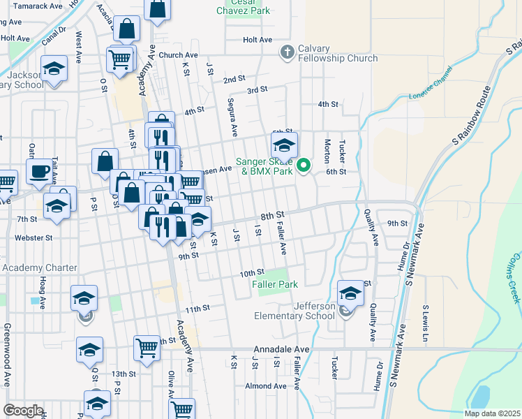 map of restaurants, bars, coffee shops, grocery stores, and more near 724 I Street in Sanger