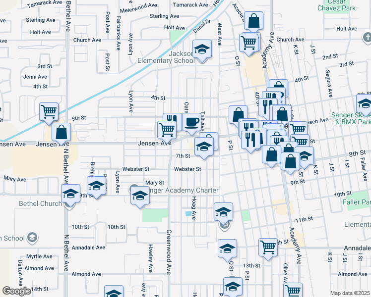 map of restaurants, bars, coffee shops, grocery stores, and more near 625 Hoag Avenue in Sanger