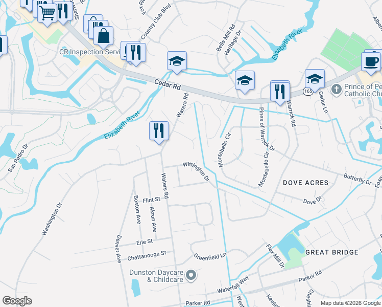 map of restaurants, bars, coffee shops, grocery stores, and more near 516 Twelve Oaks Court in Chesapeake
