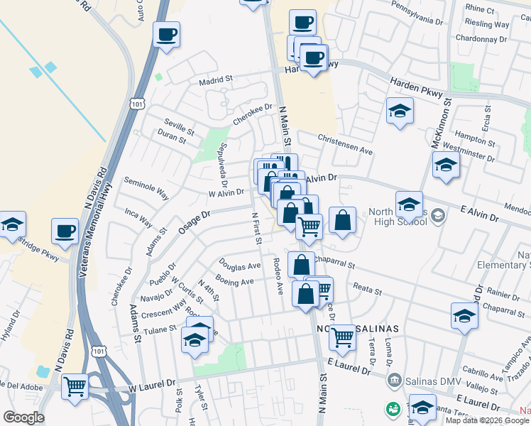 map of restaurants, bars, coffee shops, grocery stores, and more near 1450 North First Street in Salinas