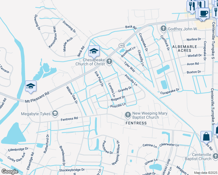 map of restaurants, bars, coffee shops, grocery stores, and more near 812 Loretta Lane in Chesapeake