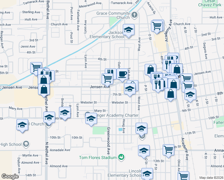 map of restaurants, bars, coffee shops, grocery stores, and more near 620 Greenwood Avenue in Sanger