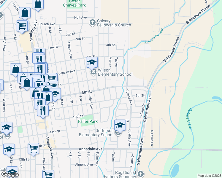 map of restaurants, bars, coffee shops, grocery stores, and more near 812 Morton Avenue in Sanger