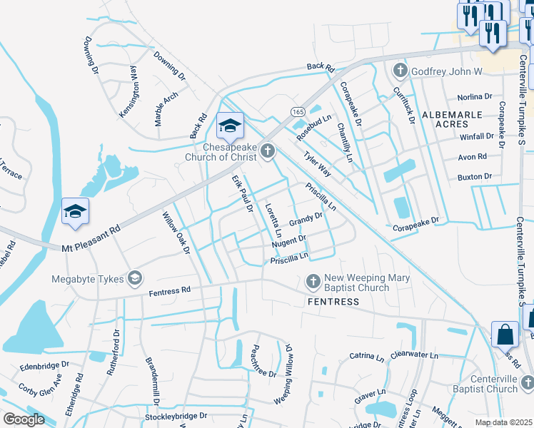 map of restaurants, bars, coffee shops, grocery stores, and more near 812 Loretta Lane in Chesapeake