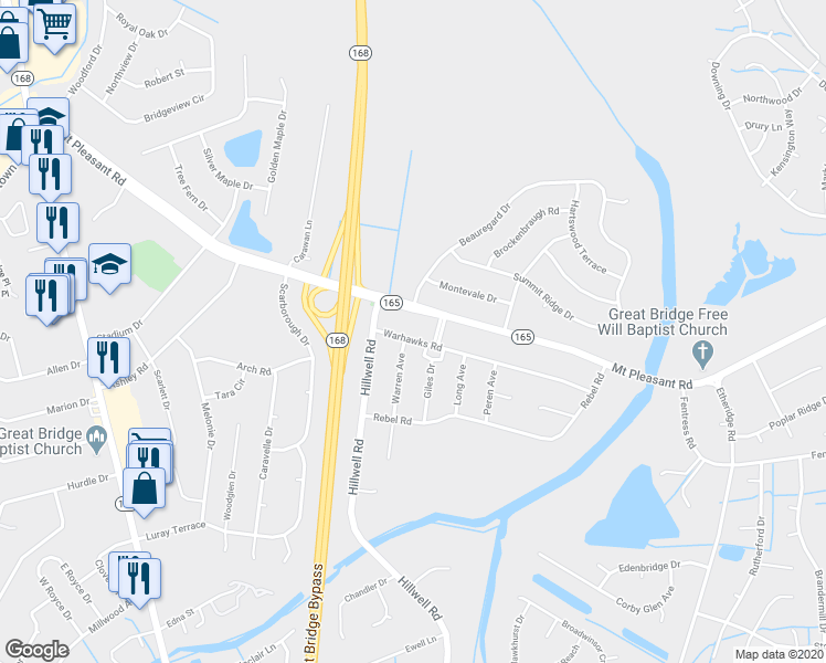 map of restaurants, bars, coffee shops, grocery stores, and more near 416 Warhawks Road in Chesapeake
