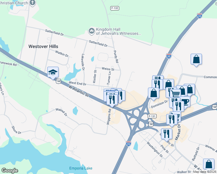 map of restaurants, bars, coffee shops, grocery stores, and more near 1198 State Route 686 in Emporia