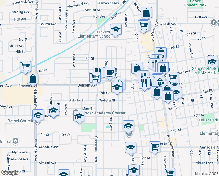 map of restaurants, bars, coffee shops, grocery stores, and more near 625 Hoag Avenue in Sanger