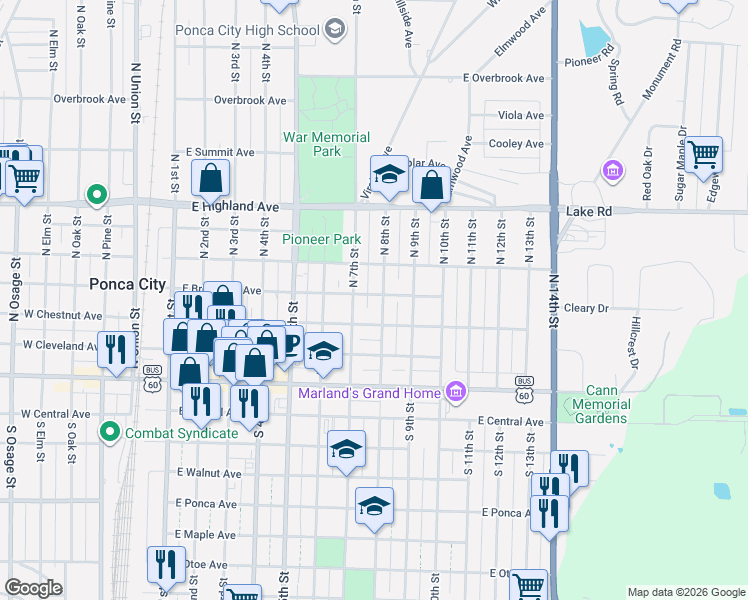 map of restaurants, bars, coffee shops, grocery stores, and more near 718 East Broadway Avenue in Ponca City