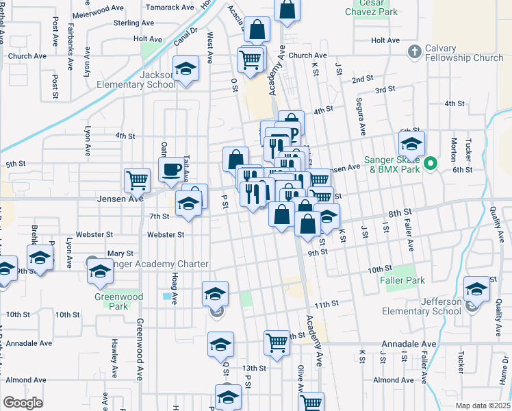 map of restaurants, bars, coffee shops, grocery stores, and more near 1430 7th Street in Sanger