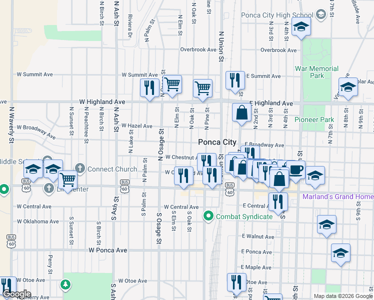 map of restaurants, bars, coffee shops, grocery stores, and more near 313 North Oak Street in Ponca City