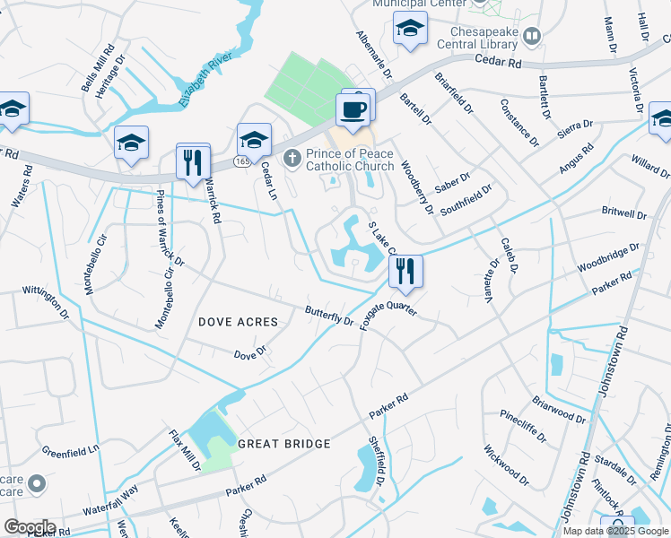 map of restaurants, bars, coffee shops, grocery stores, and more near 751 South Lake Circle in Chesapeake
