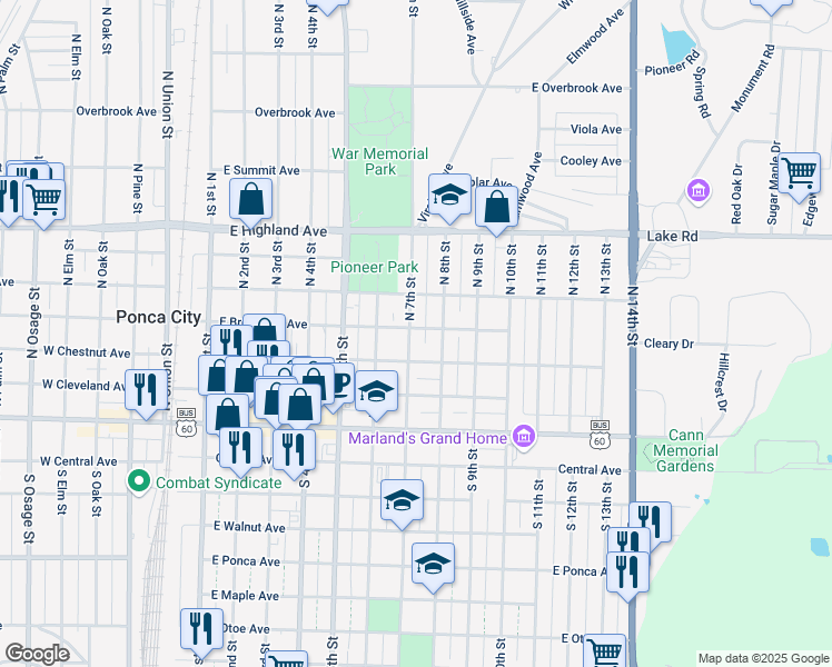 map of restaurants, bars, coffee shops, grocery stores, and more near 321 North 7th Street in Ponca City