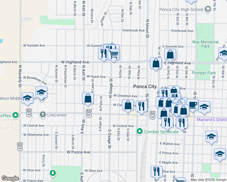 map of restaurants, bars, coffee shops, grocery stores, and more near 314 North Osage Street in Ponca City
