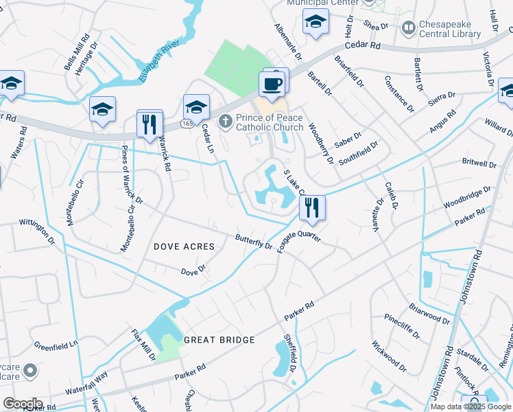 map of restaurants, bars, coffee shops, grocery stores, and more near 751 South Lake Circle in Chesapeake