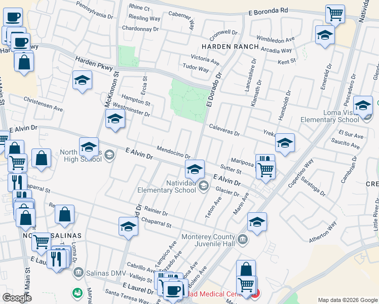 map of restaurants, bars, coffee shops, grocery stores, and more near 1595 Colusa Place in Salinas