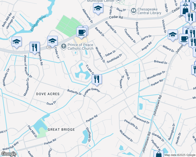 map of restaurants, bars, coffee shops, grocery stores, and more near 404 Yancy Court in Chesapeake