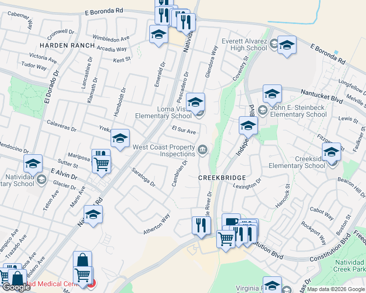 map of restaurants, bars, coffee shops, grocery stores, and more near 759 Los Coches Avenue in Salinas