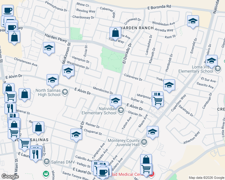 map of restaurants, bars, coffee shops, grocery stores, and more near 1595 Colusa Place in Salinas