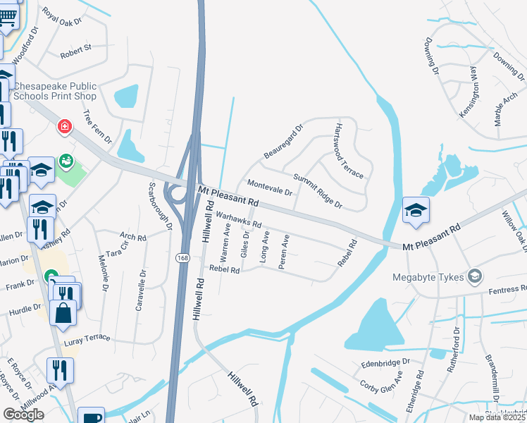 map of restaurants, bars, coffee shops, grocery stores, and more near 512 Mount Pleasant Road in Chesapeake