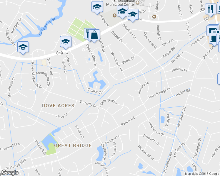 map of restaurants, bars, coffee shops, grocery stores, and more near 604 South Lake Circle in Chesapeake