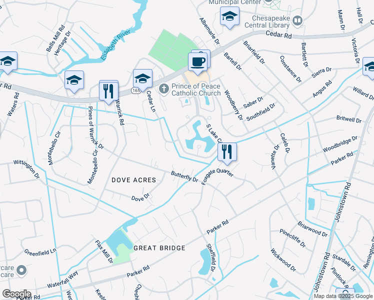 map of restaurants, bars, coffee shops, grocery stores, and more near 751 South Lake Circle in Chesapeake