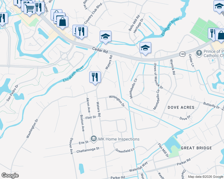 map of restaurants, bars, coffee shops, grocery stores, and more near 516 Twelve Oaks Court in Chesapeake