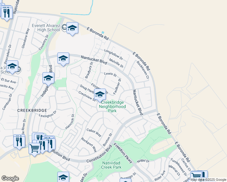 map of restaurants, bars, coffee shops, grocery stores, and more near 1823 London Way in Salinas