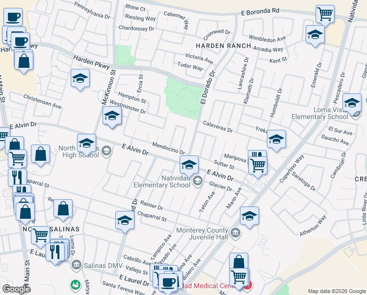 map of restaurants, bars, coffee shops, grocery stores, and more near 1595 Colusa Place in Salinas
